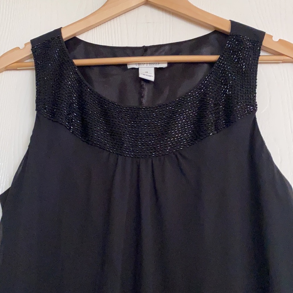 Black Sleeveless Shift Dress Beaded Scoop neck chiffon Top layer lined Size 14